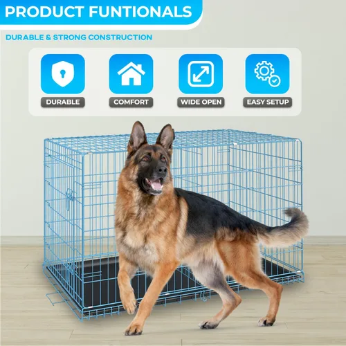 Miniatura 2 de FDW Jaula para perros grandes de 42 pulgadas plegable de metal con alambre para mascotas, doble puerta con panel divisor para interiores y Azul