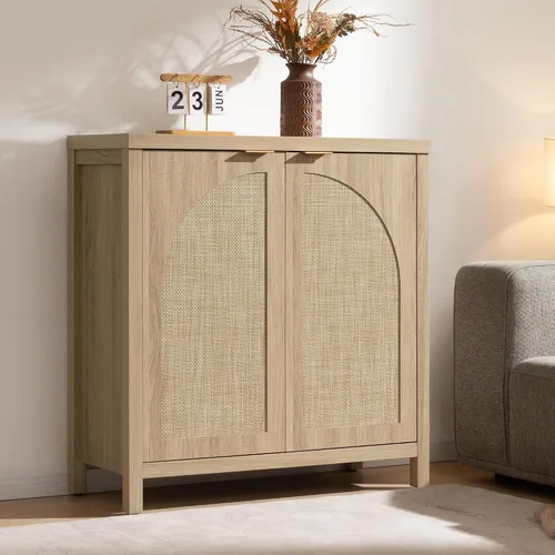 Miniatura 14 de SICOTAS Juego de 3 aparadores de ratán de 102 pulgadas de ancho, armario de almacenamiento moderno Credenza con puertas de arco y estantes, Roble