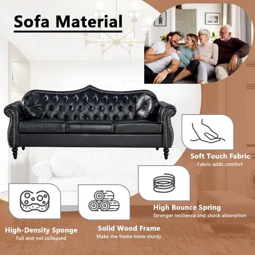 Miniatura 4 de AVZEAR 82" Sofá de tres plazas de cuero, sofá Chesterfield, sofá tapizado en PU de estilo moderno de mediados de siglo, sofá de sala de estar