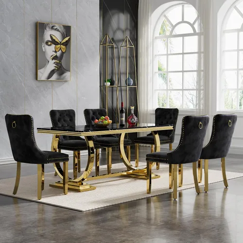 Miniatura 48 de HomVent Juego de mesa de comedor moderna de mármol sintético para 4 personas, mesa de cocina rectangular con 4 sillas beige (dorado)
