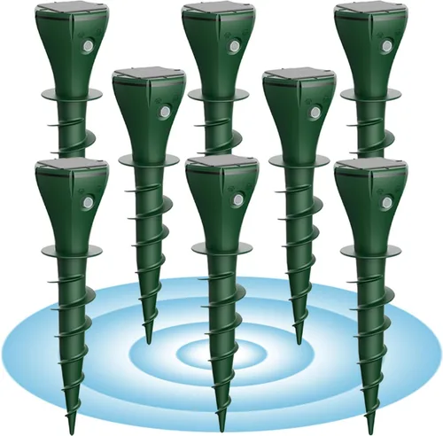 Paquete de 8 estacas solares ultrasónicas repelentes de topos para césped y jardín, IP65 impermeable disuasorio de animales para tofos, ratas,