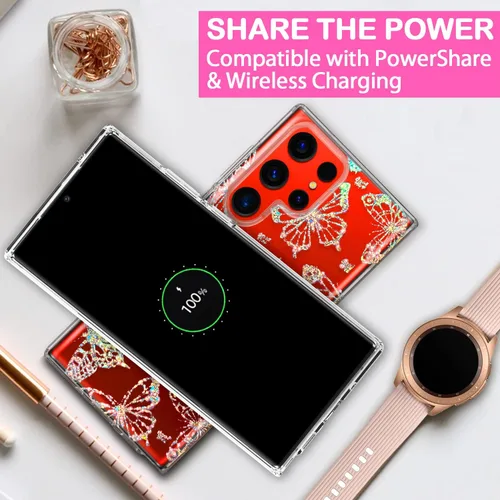 Miniatura 7 de Funda transparente con purpurina para Galaxy S23 Ultra – 6.8 pulgadas, diseño de flores, diseño de mariposa de cristal, para mujeres y niñas