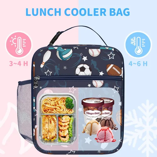 Miniatura 2 de Bolsa de almuerzo térmica aislada para niños Clastyle Sport Ball, grande, azul, con enfriador térmico, para niños, para picnic, escuela, canasta