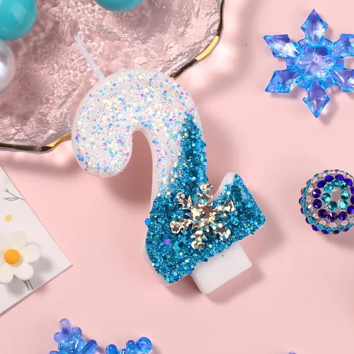 Miniatura 3 de Velas de cumpleaños del 0 al 9, velas de números con purpurina de copo de nieve, decoración de pasteles blancos y azules para niños y adultos