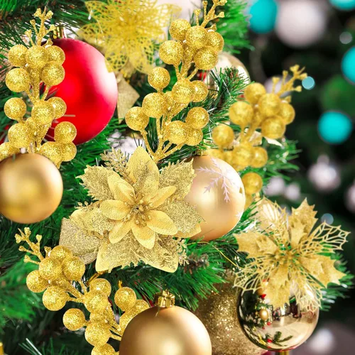 Miniatura 3 de Kit de 36 piezas de adornos de tallos de flores de nochebuena con purpurina y bayas, 24 piezas de flores artificiales con clips y 12 piezas de púas