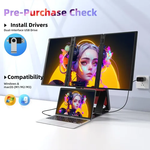 Miniatura 4 de Extensión de Pantalla Cuádruple para Laptop, Monitor Triple FHD de 15.6" 1080P, Combinado en una Pantalla de 30" (Paisaje/Retrato), Solo 1 Cable