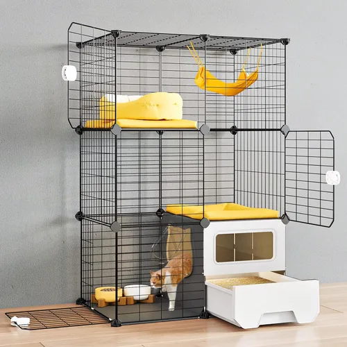 Miniatura 7 de Oneluck Jaula para Gatos de Interior con Caja de Arena de 3 Niveles DIY Corral para Gatos Desmontable Jaula de Alambre Metálico Grande Lugar