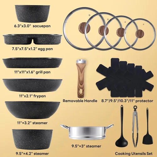 Miniatura 2 de Sweetcrispy Juego de 17 ollas y sartenes antiadherentes, juego de cocina no tóxico con asas que se mantienen frescas, negro natural