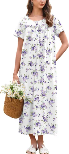 Miniatura 15 de Ekouaer Camisón para Mujeres de Algodón Camisón Largo de Noche Camisón de Manga Corta con Bolsillos Camisón con Botones Ropa de Dormir Suave
