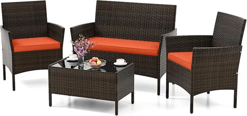 Miniatura 16 de HAPPYGRILL Juego de 4 muebles de mimbre para exteriores, juego de muebles de mimbre para patio con sillas de dos plazas y mesa de café de vidrio