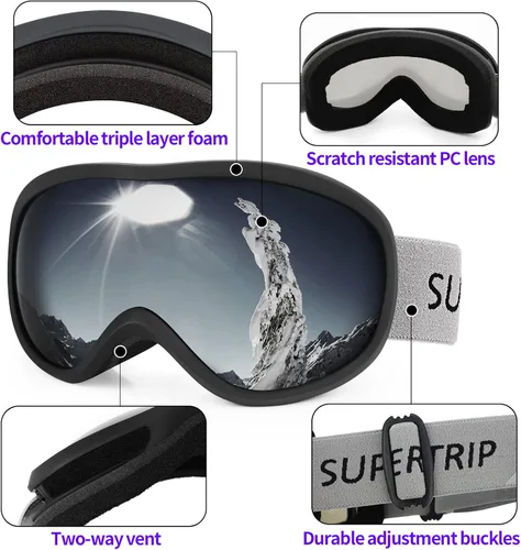 Miniatura 4 de Supertrip Gafas de esquí de nieve antivaho 100% protección UV gafas de esquí snowboard Marco negro/lente gris (Vlt 10%)