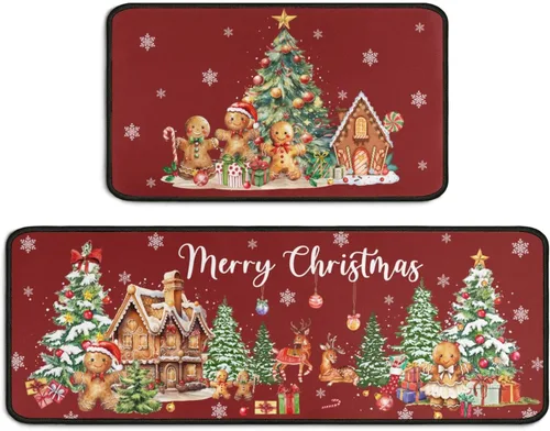 Juego de 2 alfombras de cocina de Navidad, muñeco de nieve, árbol de Navidad, antideslizantes, lavables, decoración de cocina de invierno y Navidad,