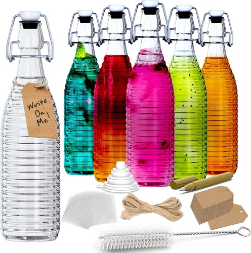 Miniatura 10 de Nevlers, juego de 6 botellas de vidrio con tapa abatible de 33 oz con puntos Botellas de vidrio transparentes de 1 litro con tapa, envoltura