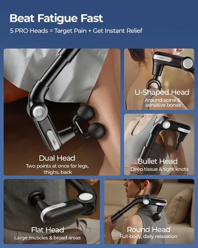 Miniatura 7 de KingPavonini Pistola de masaje plegable con cabeza de doble bola, cabeza ajustable y mango extensible, pistola de masaje de espalda de mano