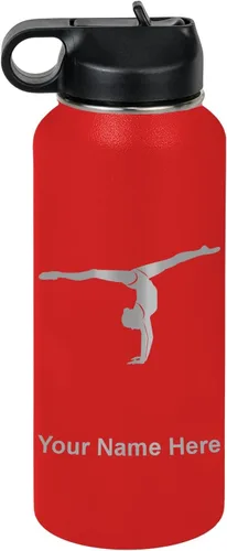 Miniatura 76 de LaserGram Botella de agua personalizada, gimnasta niña, acero inoxidable de doble pared aislada al vacío con popote superior, regalo grabado Azul