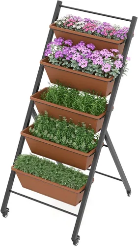 Safstar - Macetero vertical de 5 niveles, cama de jardín elevada con 2 ruedas con bloqueo, 5 jardineras extraíbles, marco de metal, caja de