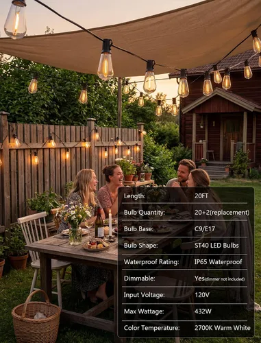 Miniatura 5 de Tira de luces LED ST40 de 20 pies para exteriores con 22 bombillas Edison vintage inastillables, tira de luces para patio, impermeable, para patio