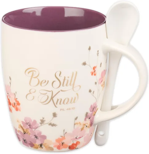 Taza de café y té con escritura de Christian Art Gifts con juego de cucharas de cerámica para mujeres: Be Still and Know - Salmo 46:10 Mensaje