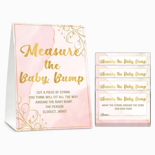 Juego de baby shower, mide la protuberancia del bebé (1 letrero de pie + 50 tarjetas de búsqueda), papel de aluminio dorado con texto en inglés «How