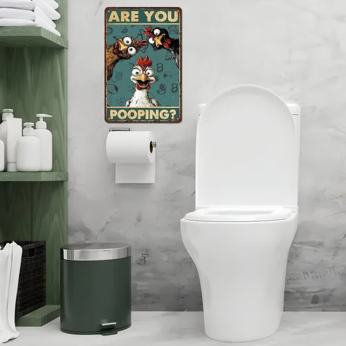 Miniatura 5 de Letrero de estaño vintage de pollo, ¿estás haciendo caca? Póster retro de baño de metal, arte de pared divertido, inodoro, cueva de hombre, bar