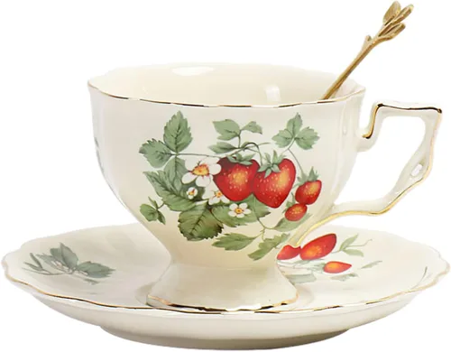 Miniatura 9 de Juego de taza de té y platillo de porcelana, taza de café de cerámica de 8.5 onzas líquidas con platillo y cuchara, taza de café vintage con ribete