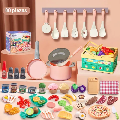 Miniatura 2 de 80 piezas de juego de cocina de simulación para niños pequeños, juego de utensilios de cocina con ollas/sartenes/comida/frutas/verduras/manta de Rosa