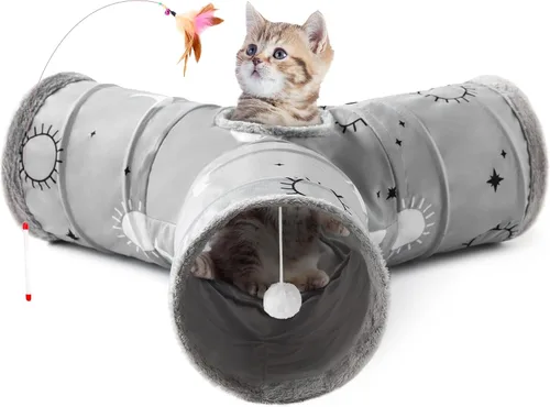 Miniatura 9 de Tempcore Túnel para gatos con tubo de juguete, túneles plegables de 3 vías para gatos, túneles para mascotas aburridas con agujero y pelota, juguete