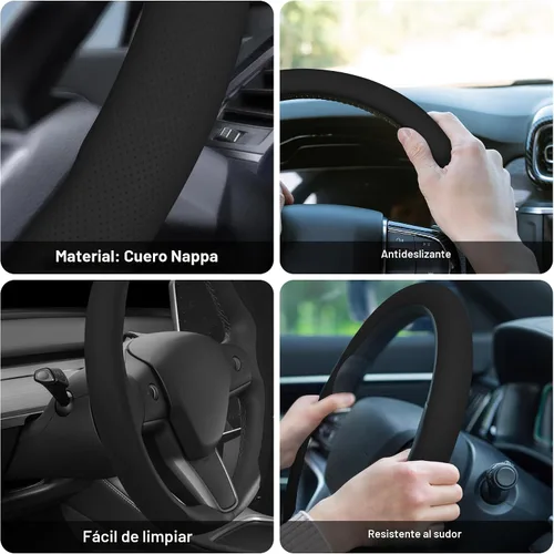 Miniatura 6 de frani Funda para volante de cuero Nappa, funda universal para volante de 15 pulgadas de primera calidad, antideslizante, color negro