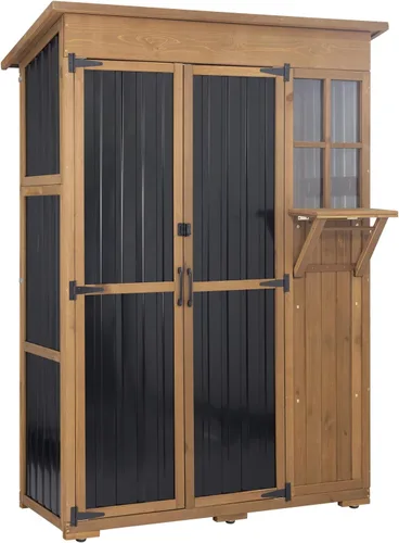 Miniatura 10 de Ketive Gabinete de almacenamiento para exteriores, armario alto de jardín para herramientas con techo resistente a la intemperie, puertas con doble