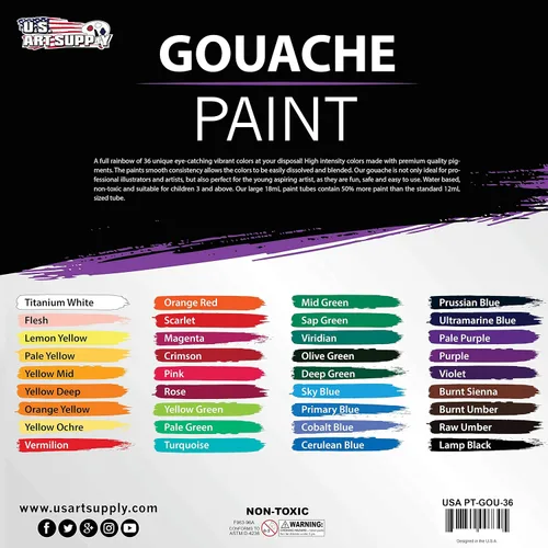 Miniatura 3 de U.S. Art Supply Juego profesional de pintura gouache de 36 colores en tubos grandes de 18ml y rueda de mezcla de colores - Tubos de pintura gouache