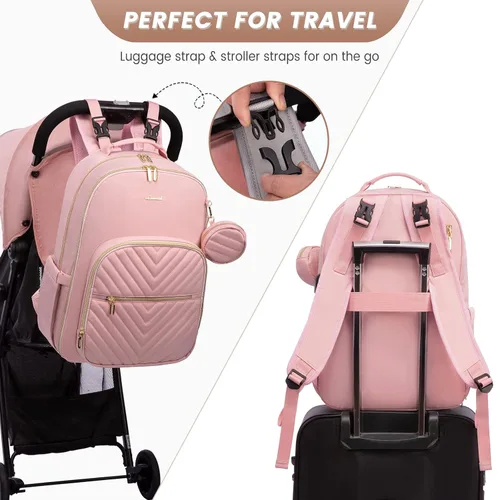 Miniatura 5 de LOVEVOOK Mochila para pañales, bolsa de bebé acolchada con cambiador y soporte para chupete, bolsas de pañales de viaje impermeables para bebés Rosa
