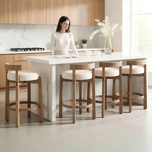 Miniatura 7 de LukeAlon Mid Century Linen Taburete Individual de Mostrador, Tapizado de 26.5" de Altura de Asiento, Taburetes Bajos con Patas de Madera Natural