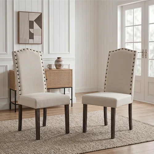 Miniatura 8 de LSSBOUGHT Juego de 2 Sillas de Comedor, Sillas de Comedor Parsons Tapizadas de Tela para Cocina con Marco de Madera Maciza y Ribete de Tachuelas