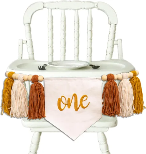 Cartel para silla alta con temática de otoño para el primer cumpleaños, guirnalda de borlas de hilo, decoraciones de fiesta de color blanco y