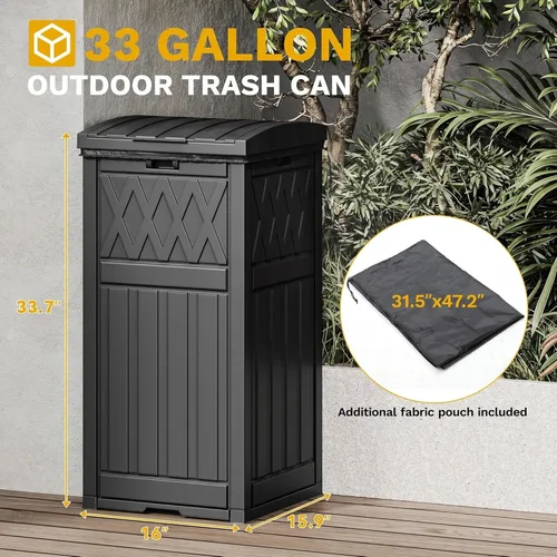 Miniatura 6 de DWVO Bote de basura para exteriores de 33 galones con tapa escalonada y bandeja de goteo, bote de basura de resina impermeable para patio, cocina