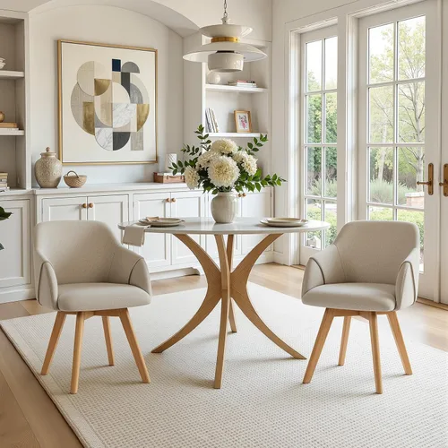Miniatura 15 de Juego de 2 sillas de comedor giratorias, modernas de mediados de siglo con brazos y patas de madera, sillas de cocina tapizadas de tela de lino