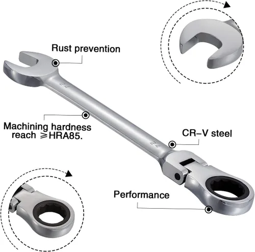 Miniatura 3 de KATUR Juego de llaves de trinquete de 0.945 in con cabezal giratorio flexible, llave combinada de trinquete, herramienta métrica de acero al cromo