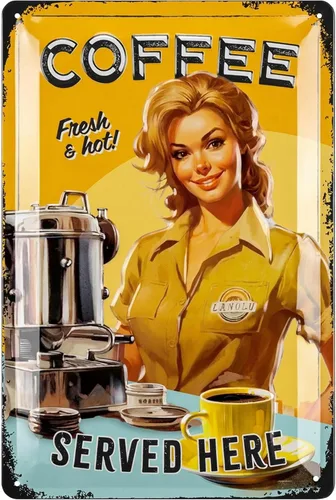 LANOLU Letrero de metal vintage para café, café fresco y caliente, divertido letrero de cocina, 12 x 8 pulgadas Café servido aquí