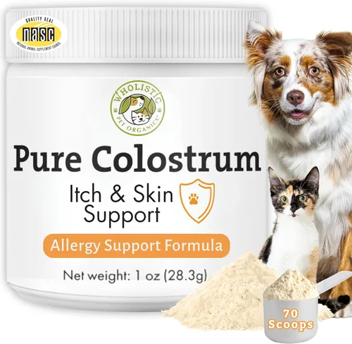 Wholistic Pet Organics Calostro para perros y gatos, calostro bovino en polvo, alivio de alergias para gatos y perros, apoyo inmunológico y alivio