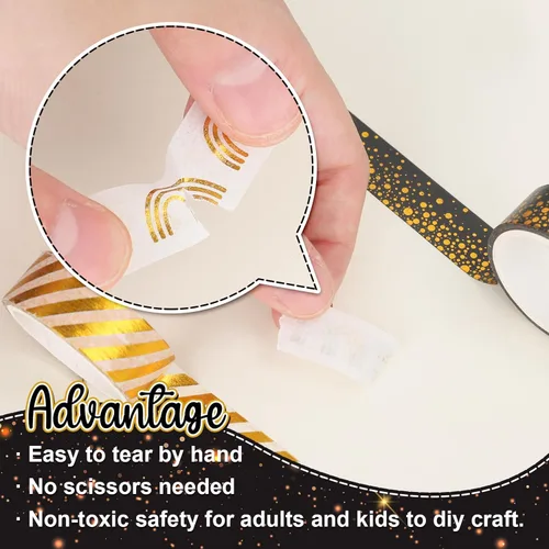 Miniatura 3 de Whaline Juego de 12 rollos de cinta washi con patrón de lámina dorada, cinta adhesiva con corazón, punto, raya arcoíris, juego de cintas decorativas