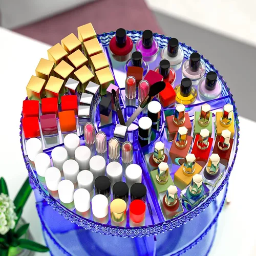 Miniatura 6 de Organizador de maquillaje giratorio grande de 360 grados para mostrador, organizadores de maquillaje acrílico azul, organizador de perfumes