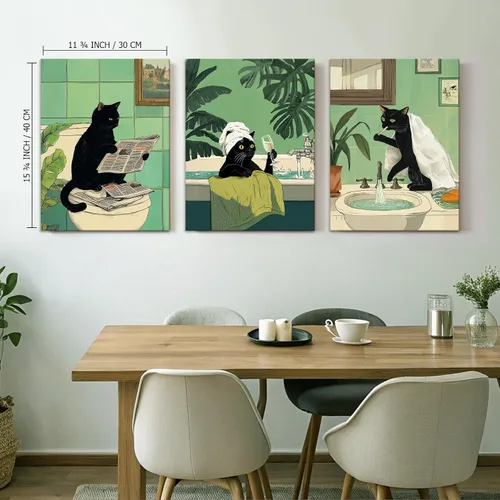 Miniatura 9 de Arte de Pared de Lienzo de Gato Negro Divertido para Baño, Lindo Estampado de Animales para Cuarto de Baño Inodoro Leyendo Periódico Humor