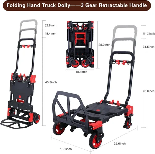 Miniatura 3 de Carretilla de Mano Plegable 2 en 1 Dolly 330LB Capacidad de Carga, Carretilla de Mano Plegable Dolly con Mango Retráctil y 4 Ruedas de Goma, Carrito