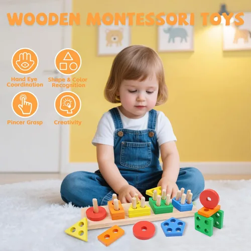 Miniatura 2 de Juguetes Montessori para bebés de 1, 2, 3 años - Juguetes de apilar de madera para bebés, juguetes sensoriales educativos clasificadores de formas