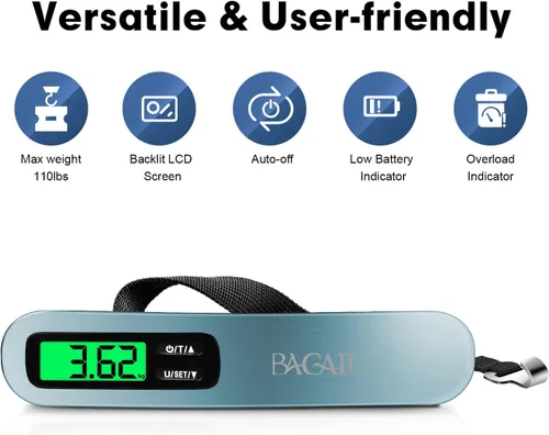 Miniatura 6 de BAGAIL Báscula digital de equipaje, báscula de equipaje colgante de 110 libras con pantalla LCD retroiluminada, báscula de pesaje portátil