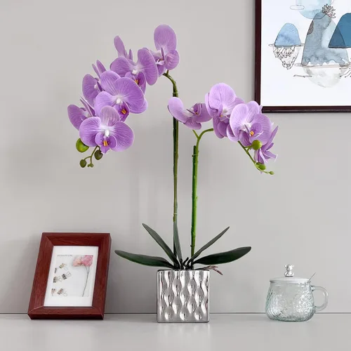 Miniatura 15 de Orquídeas artificiales Floreros de plata, orquídeas artificiales, orquídea naranja, altura 20 pulgadas