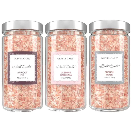 OLIVIA CARE Paquete de 3 sales de baño combinadas por Apricot Fig, French Rose & Jasmine Gardenia – Alivia y relaja los músculos. Exfolia,