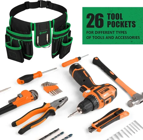 Miniatura 6 de Cinturón de herramientas magnético para hombres, 26 bolsillos, bolsa de herramientas resistente, funda magnética, cinturón de herramientas de Verde