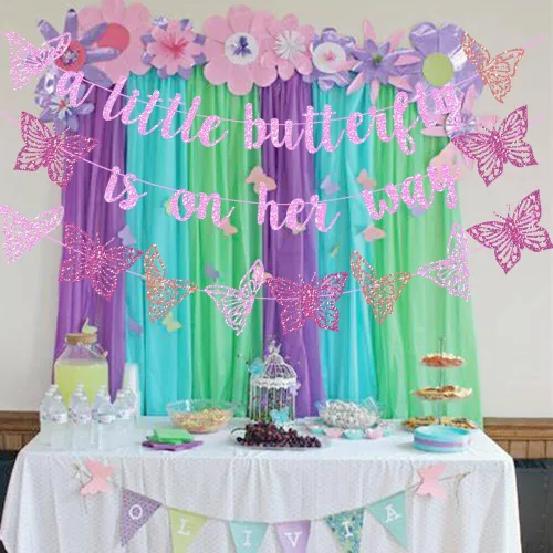 Miniatura 7 de Decoración de fiesta de baby shower con diseño de mariposa con purpurina rosa "A Little Butterfly Is On Her Way" para fiesta temática de mariposa