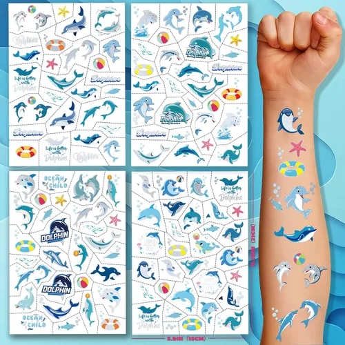 Miniatura 5 de Tatuajes temporales con purpurina de delfín para niños, 4 hojas de tatuajes falsos bronceadores para niñas y niños, lindos tatuajes de animales